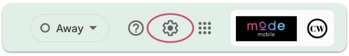 Gmail top bar with the gear-shaped settings icon circled