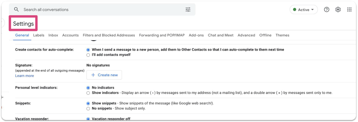 Gmail Settings, General tab, showing the Signature row with a Create new button
