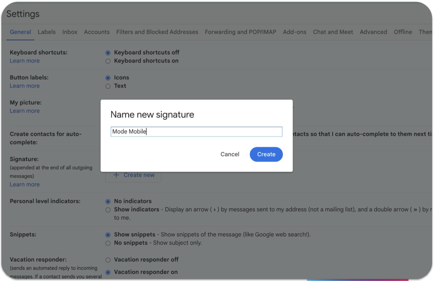 Gmail's Name new signature dialog with a name typed in and a Create button