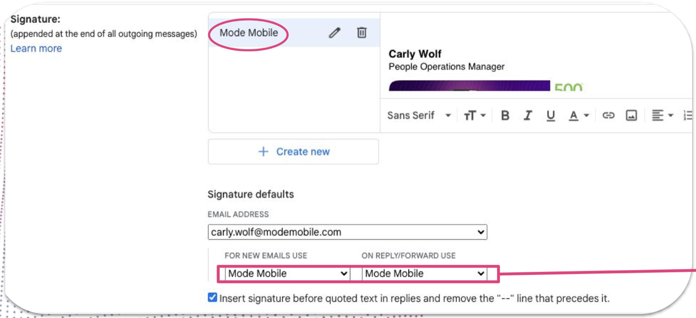 Gmail signature editor with a pasted signature, and the Signature defaults dropdowns highlighted