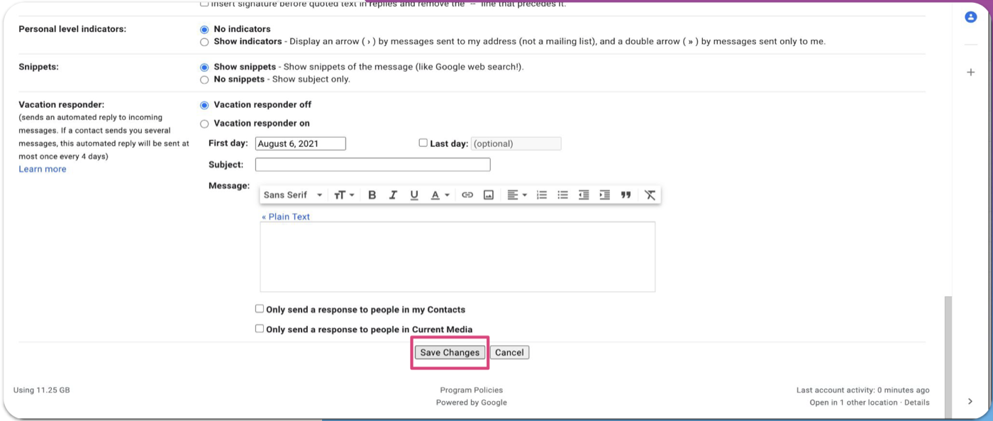 Bottom of Gmail settings with the Save Changes button highlighted