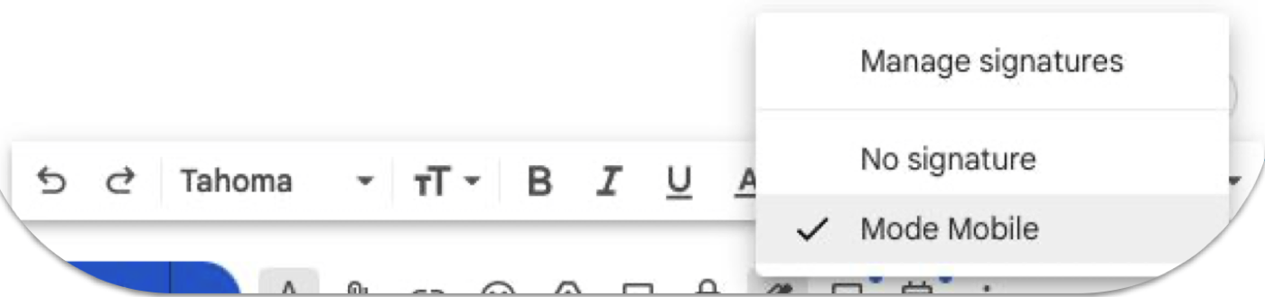 Gmail compose toolbar with the signature menu open and a signature checked